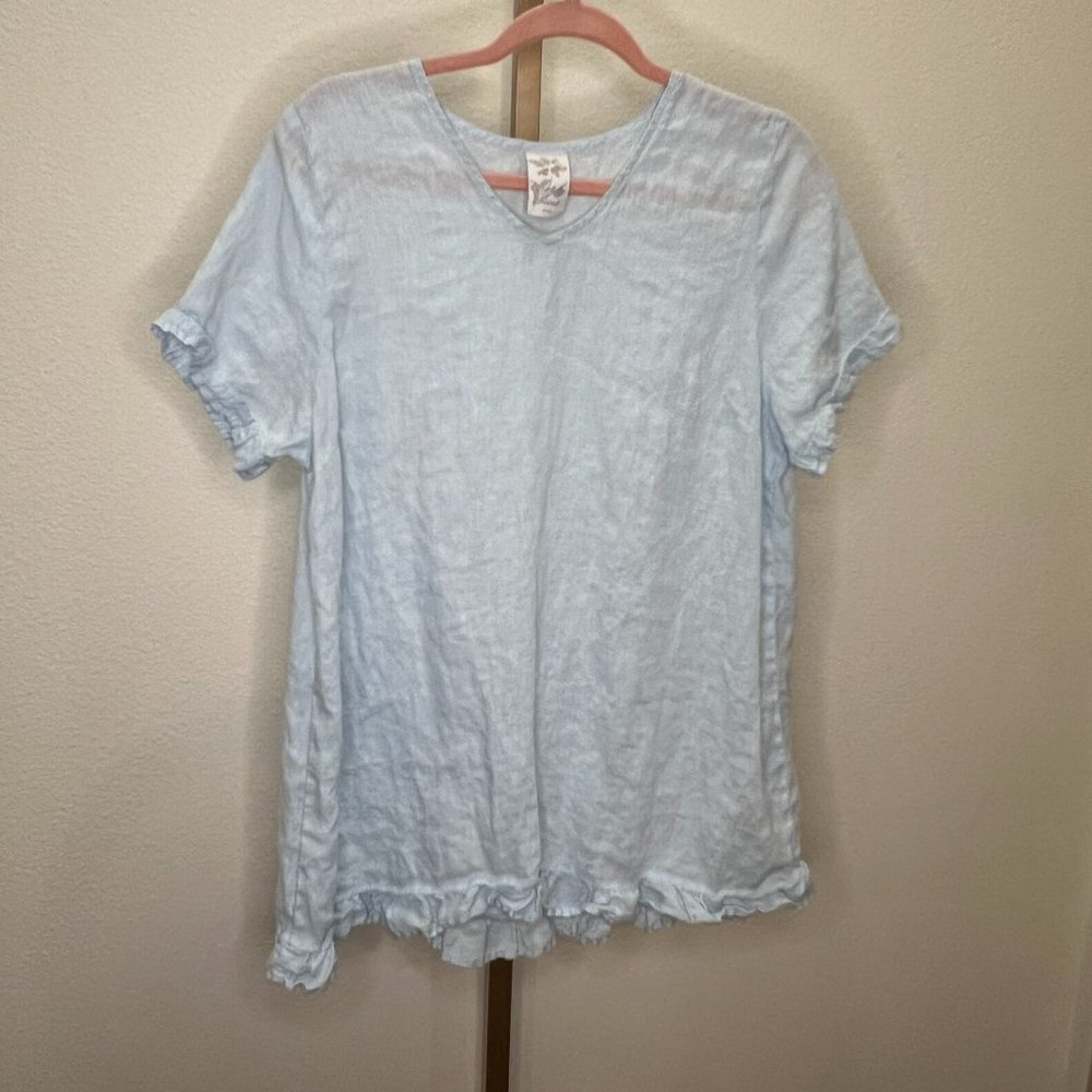 Match Point Linen Crew Neck Tunic Blouse Ruffle Hem Sky Blue Size Large